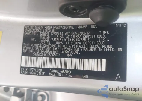 2012 Toyota Highlander Se z USA, uszkodzony, nr VIN 5TDZK3EH1CS065071